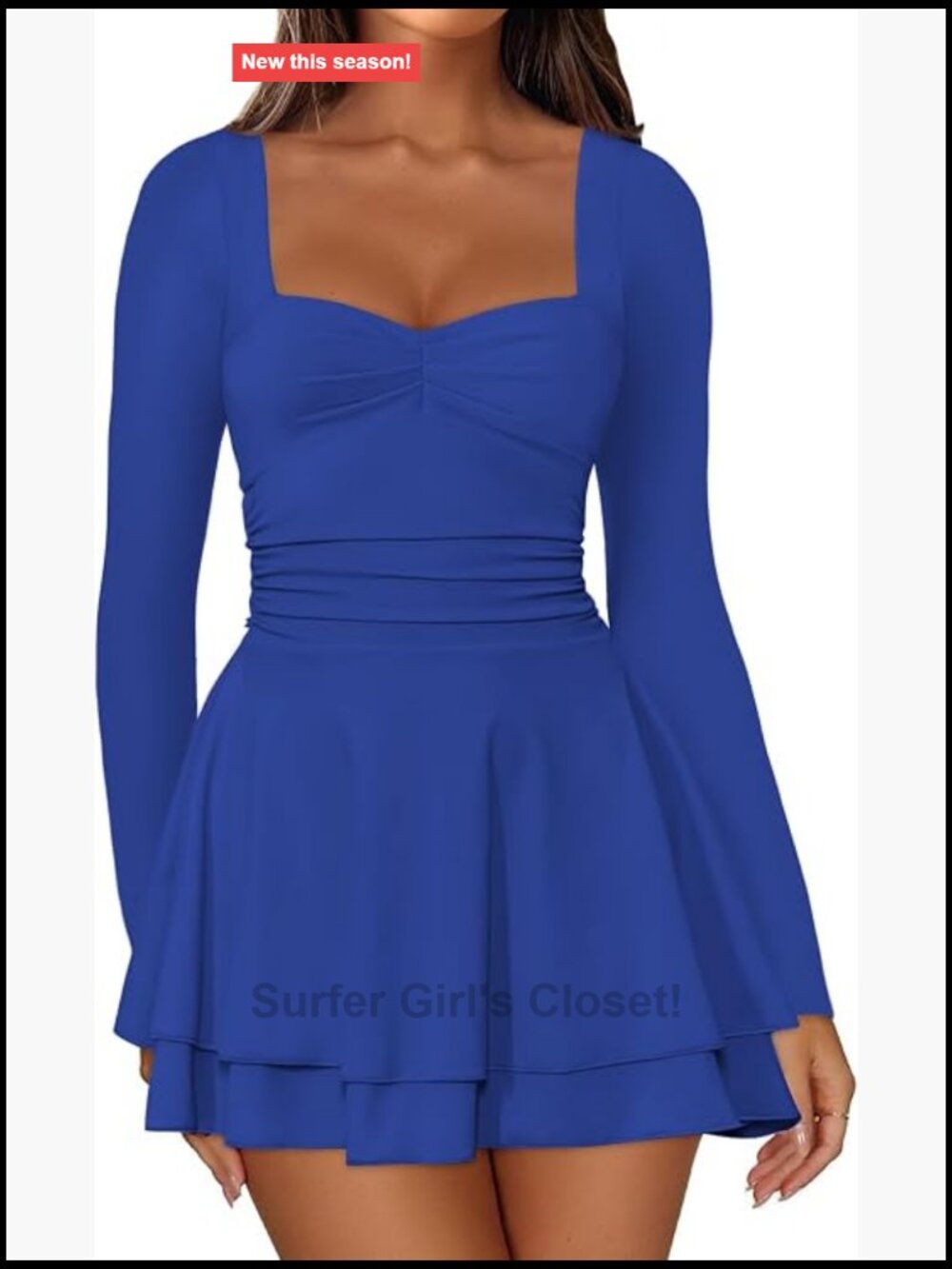 Women's Square Neck Long Sleeve Mini Dress A-Line Short Party Dress